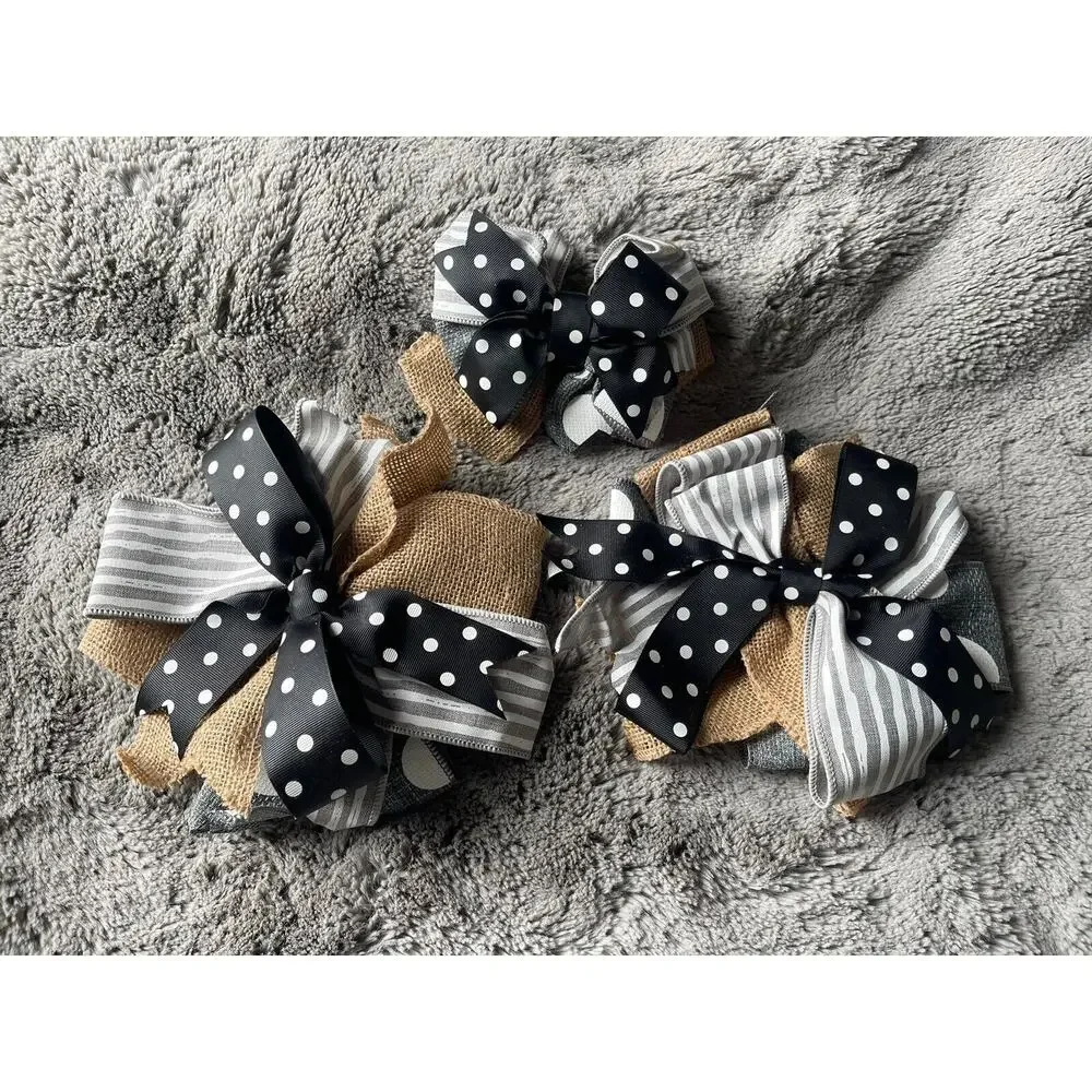 Handmade Wreath Bow Everyday Bow Black & White Gray Lot Of 3 Beautiful New